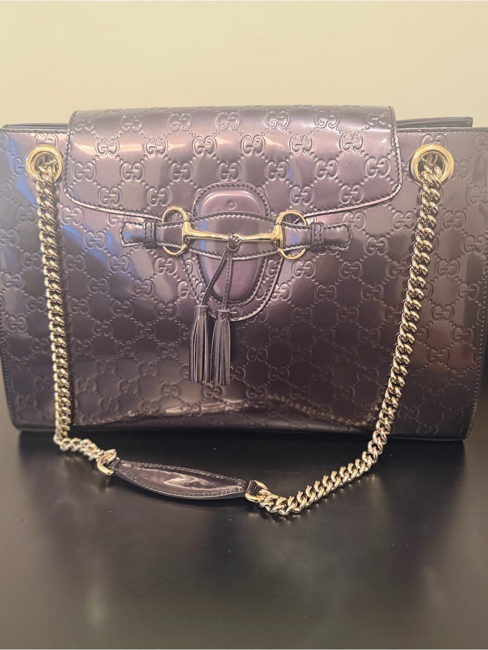 Gucci Metallic Plum GG Embossed Shoulder Bag with Gold Chain